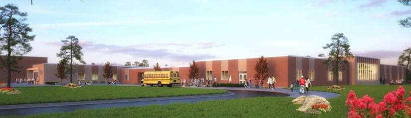 School with bus parked out front